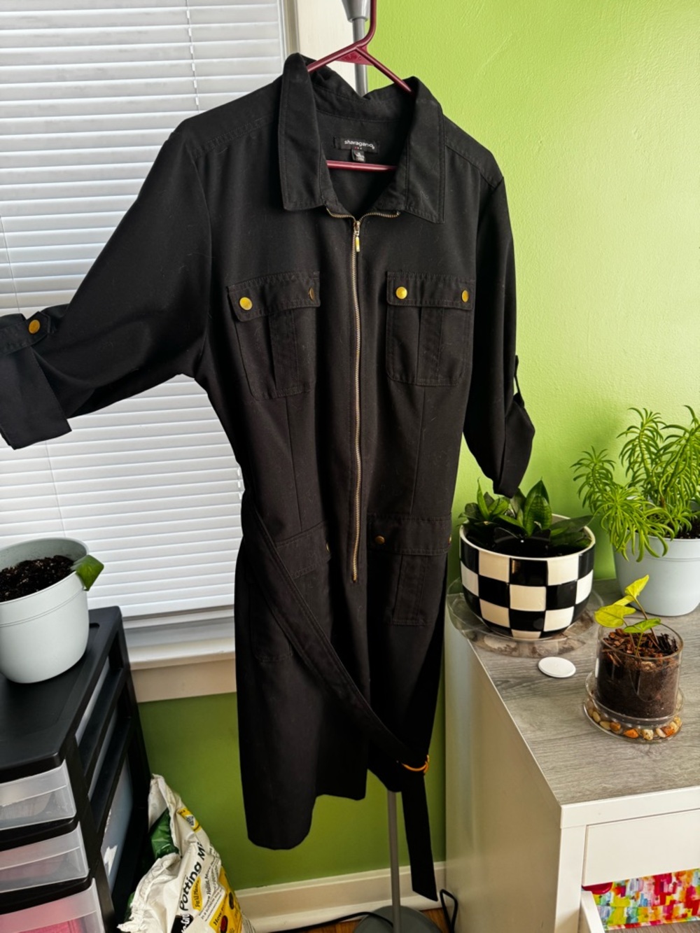 Sharagano Black Zip-Front Trench Coat with Gold Hardware